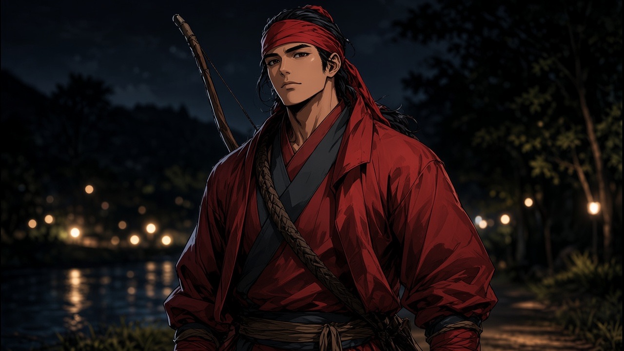 Clean-shaven Jumong, no mustache, mid-stride, red robe closed and pulled by the stride so the contour of his torso shows through opaque silk.