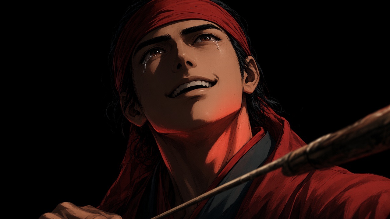 Jumong's face in close-up looking up past the camera toward the sky, eyes wet, a broken grin mid-lyric — laughing and crying at once as he chooses her and the new…