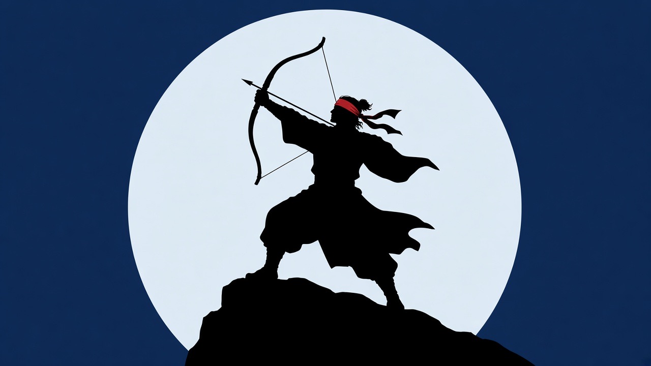 Jumong draws a bow against the full moon