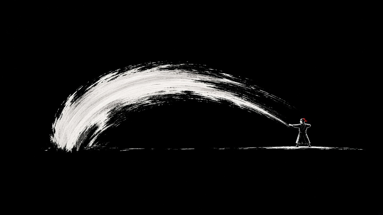 ONE curved white brushstroke like a bow being drawn, loaded pigment, bristles splitting so black shows through.