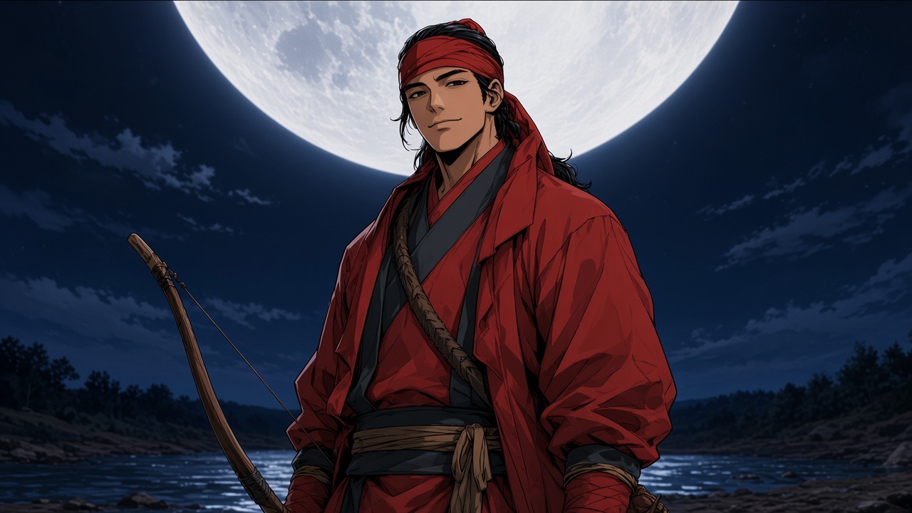 Jumong seen from a low angle against a huge pale moon that crops the top of the frame like a circle on a sleeve, but it is a real night sky over a riverbank.