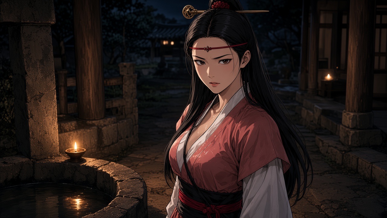 Sosuno at the well at night, white silk wet and clinging at the collar, hair half down, glaring at someone off-frame like she hates that she turned around.