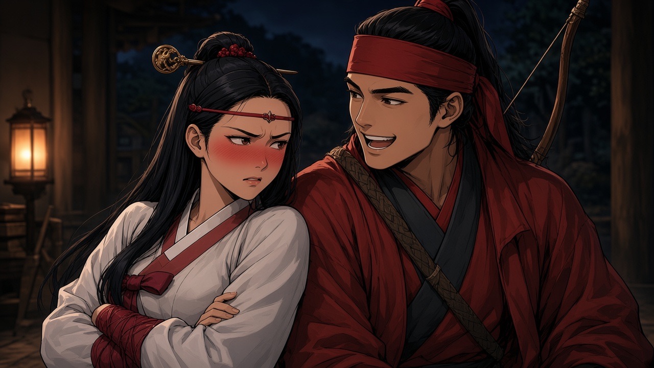 Sosuno blushing, arms crossed, Jumong grinning