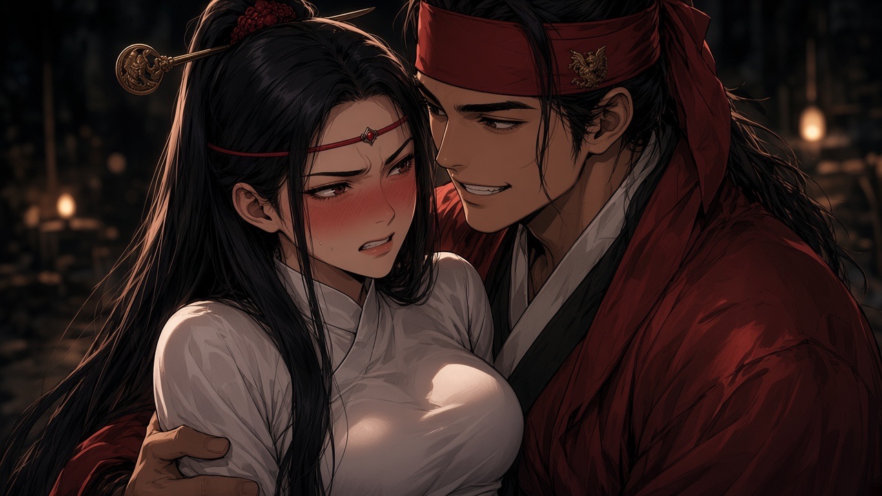 Sosuno blushing and scowling, pressed against clean-shaven grinning Jumong, hiding her want.