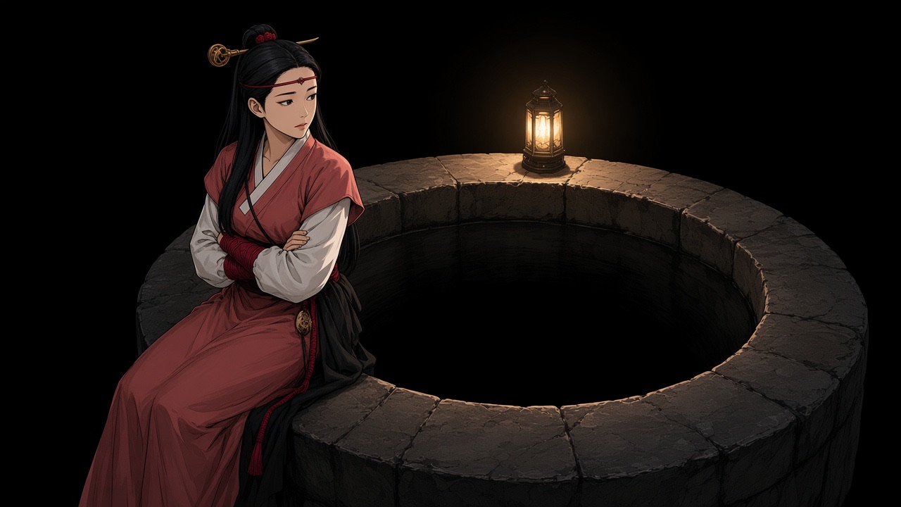 A round stone well fills the center as a black circle of empty water.
