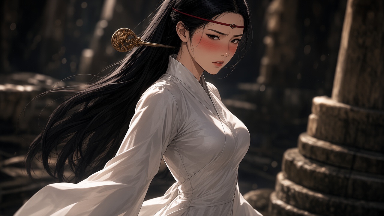 Adult Sosuno in profile, mid-turn at the well, scowling with a blush.