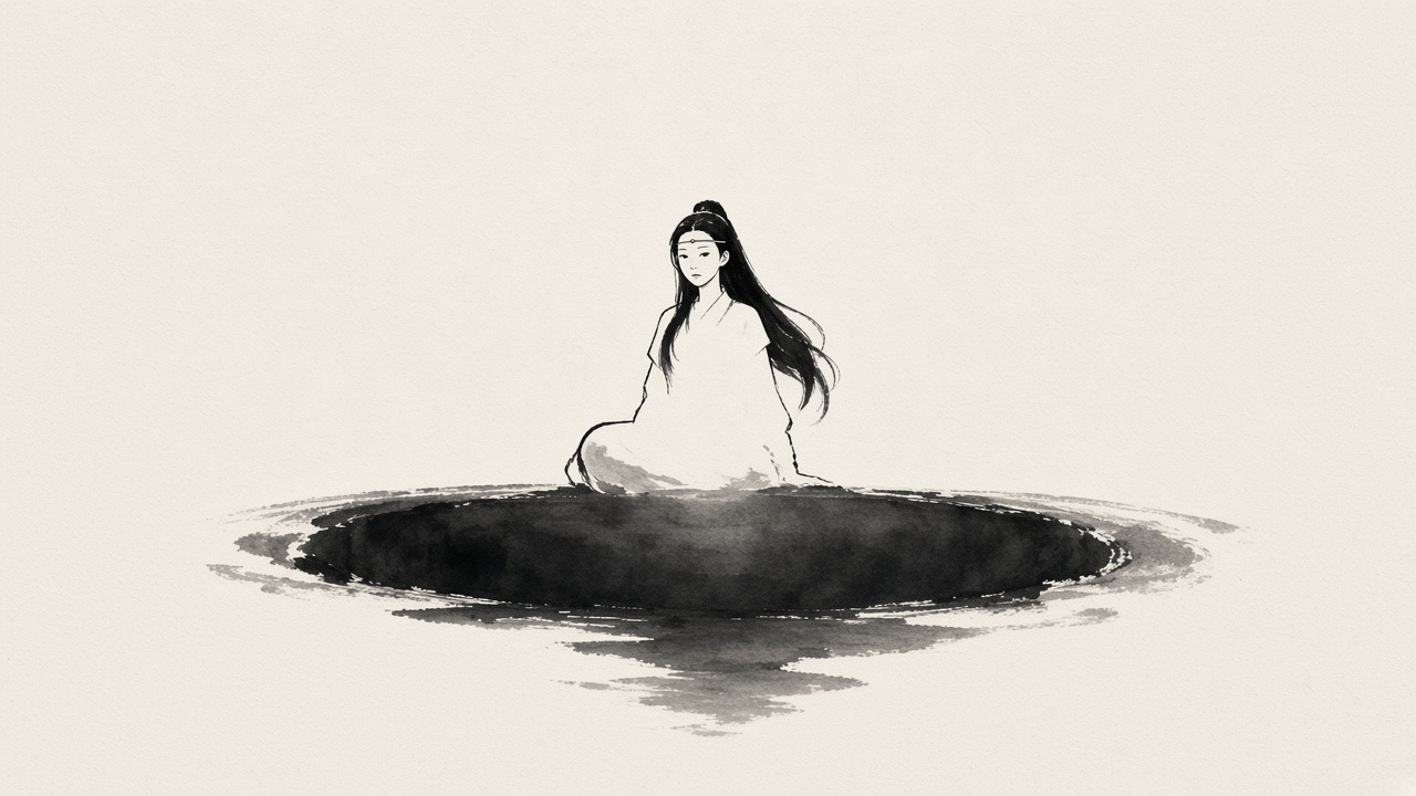 A round well drawn as one dark circle of wet ink.