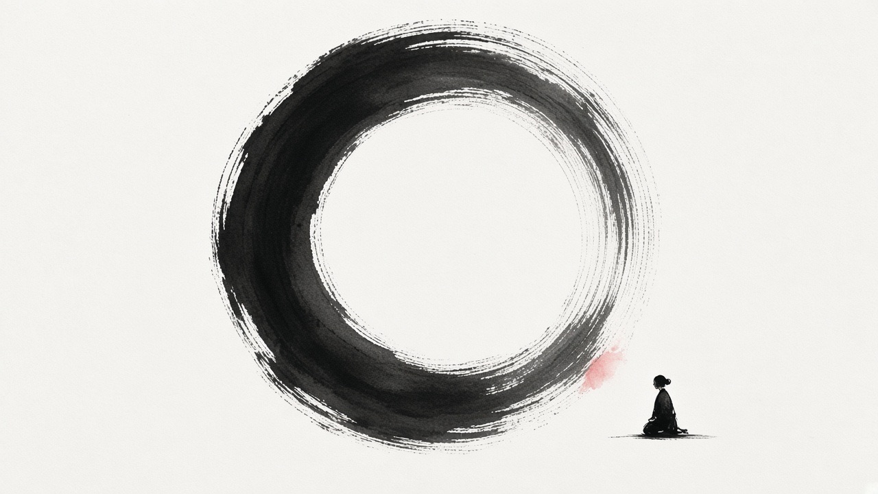 The well is an OPEN ring made by one circular brush stroke: white paper in the middle, the ring itself shows bristles, wet black on one side and flying white where…