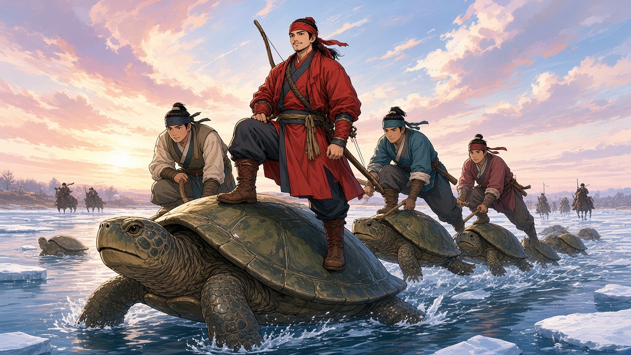 Jumong and his three companions cross the river on turtles