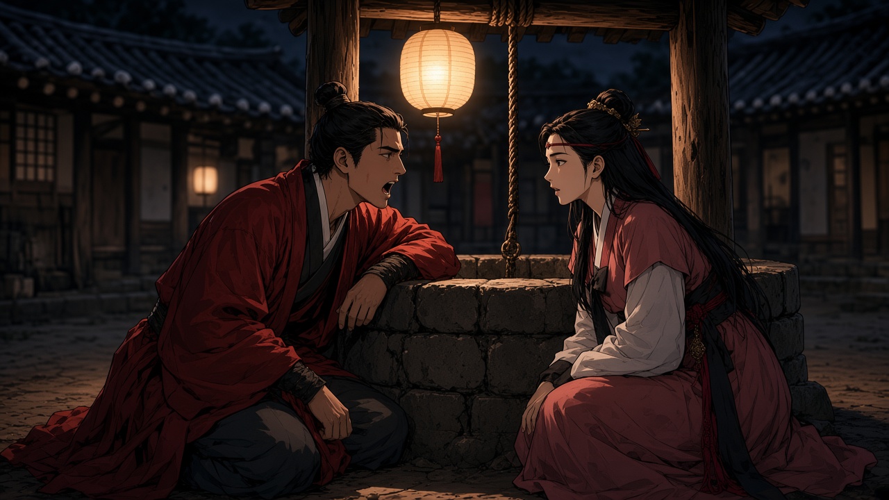 Jumong and Sosuno at the well by lantern light