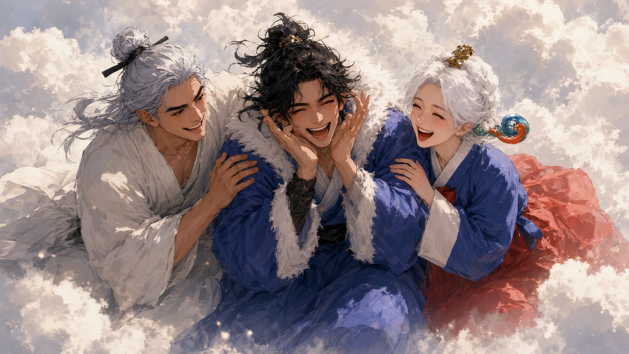 Three life-god siblings laughing together on a cloud bank.