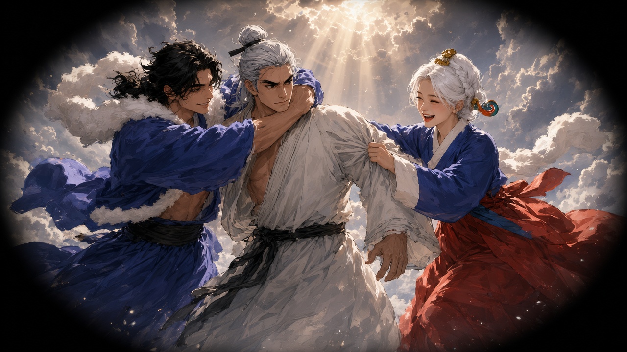 The three siblings mid-shove, playful not violent.