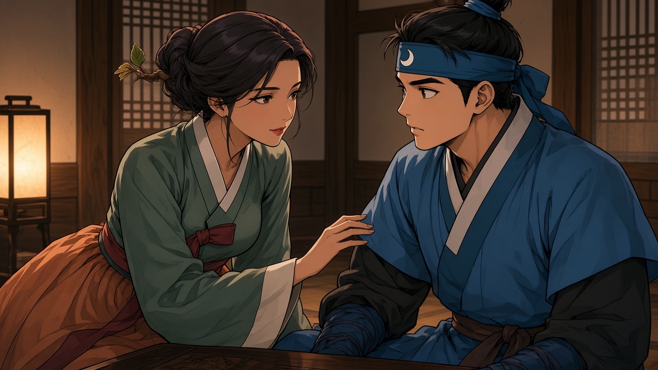 Maehwa sits close and lays a hand on Pumsuk’s arm