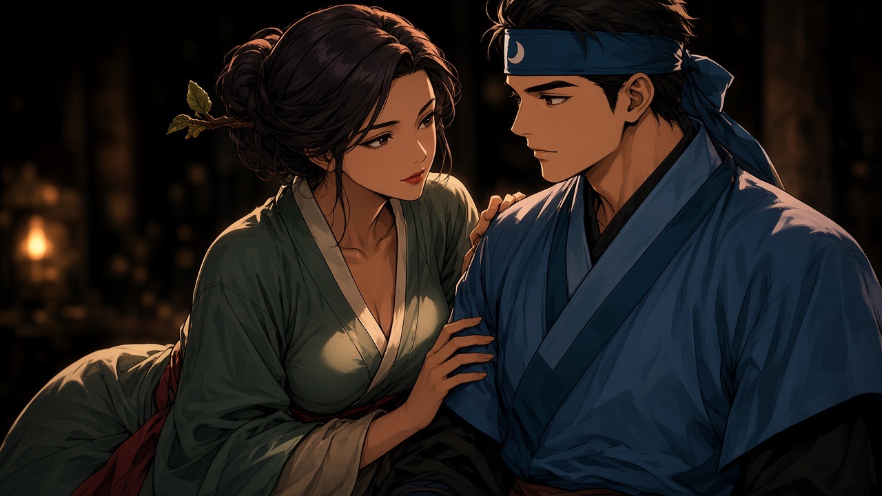 Maehwa leaning in to seduce Pumsuk, practiced flirty smile, fingers on his sleeve.