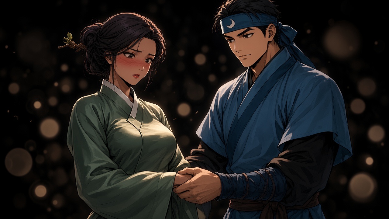 Maehwa and Pumsuk hand in hand in the lamplit dark