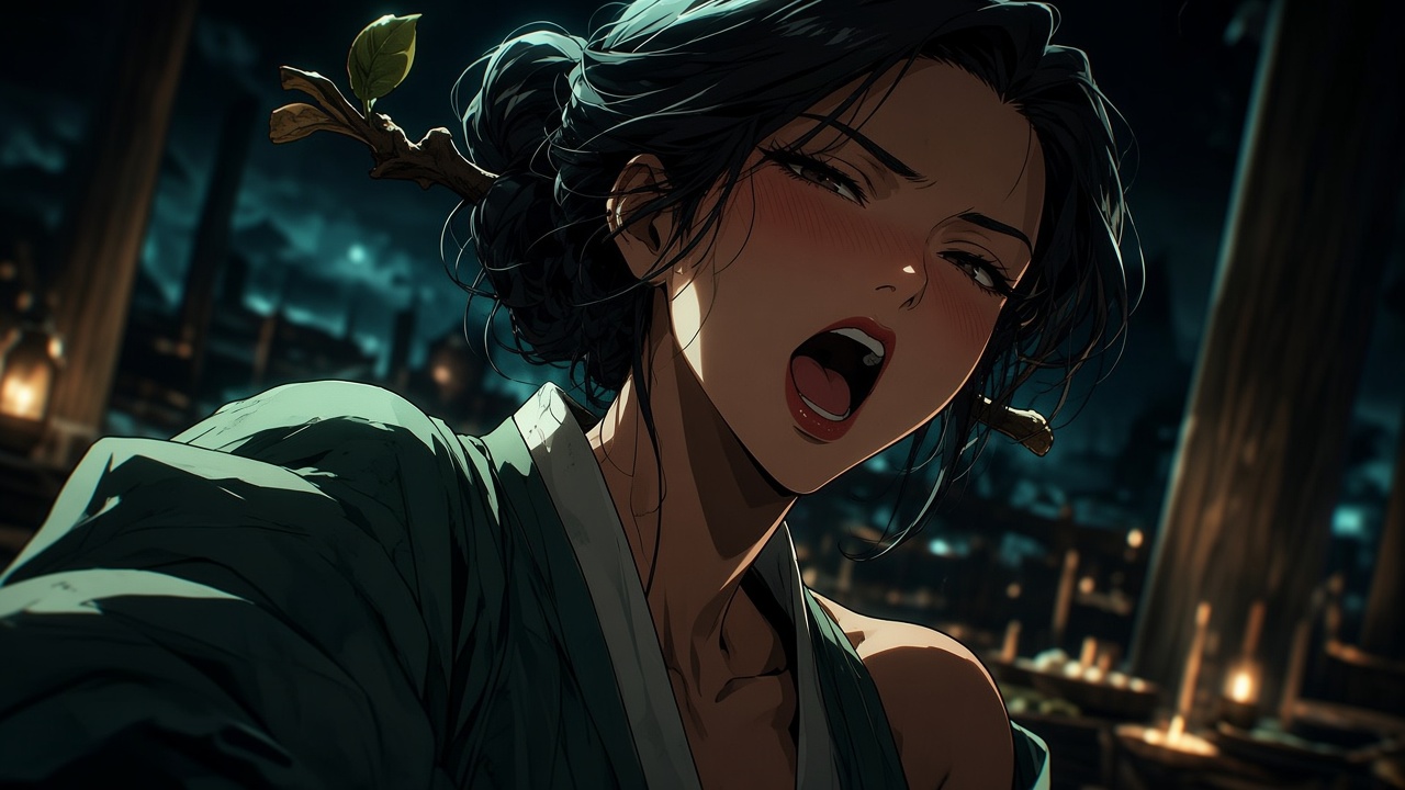 Maehwa’s open singing mouth and hiked shoulder as a diagonal.