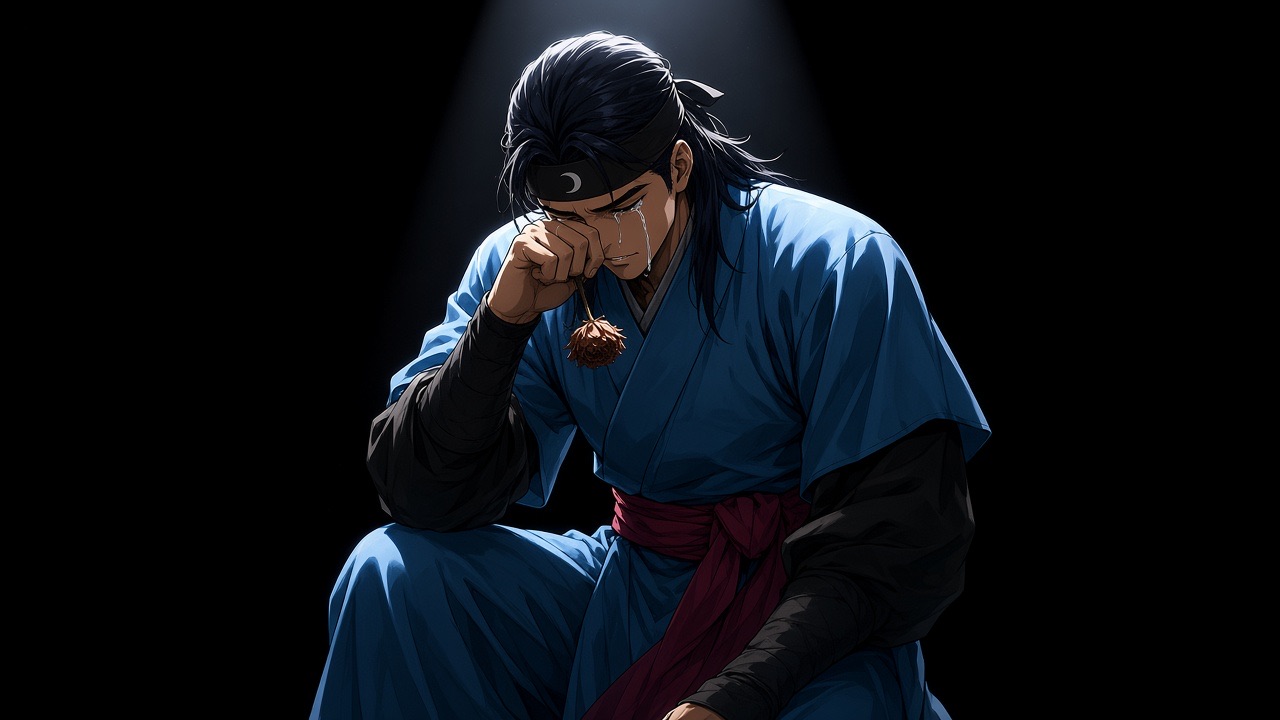 Young hwarang Sadaham kneeling, head bowed, pressing the back of his fist to his forehead as he whispers the vow again, a single dried flower held in that fist, tears…