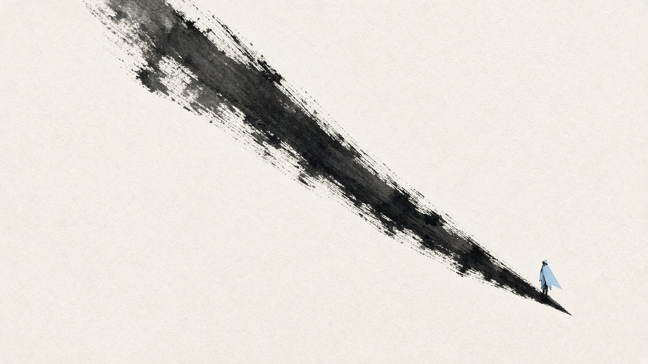 ONE thick diagonal black brushstroke running from upper left down to lower right, dry-brush flying white, bristle marks visible, the stroke itself is a cliff.