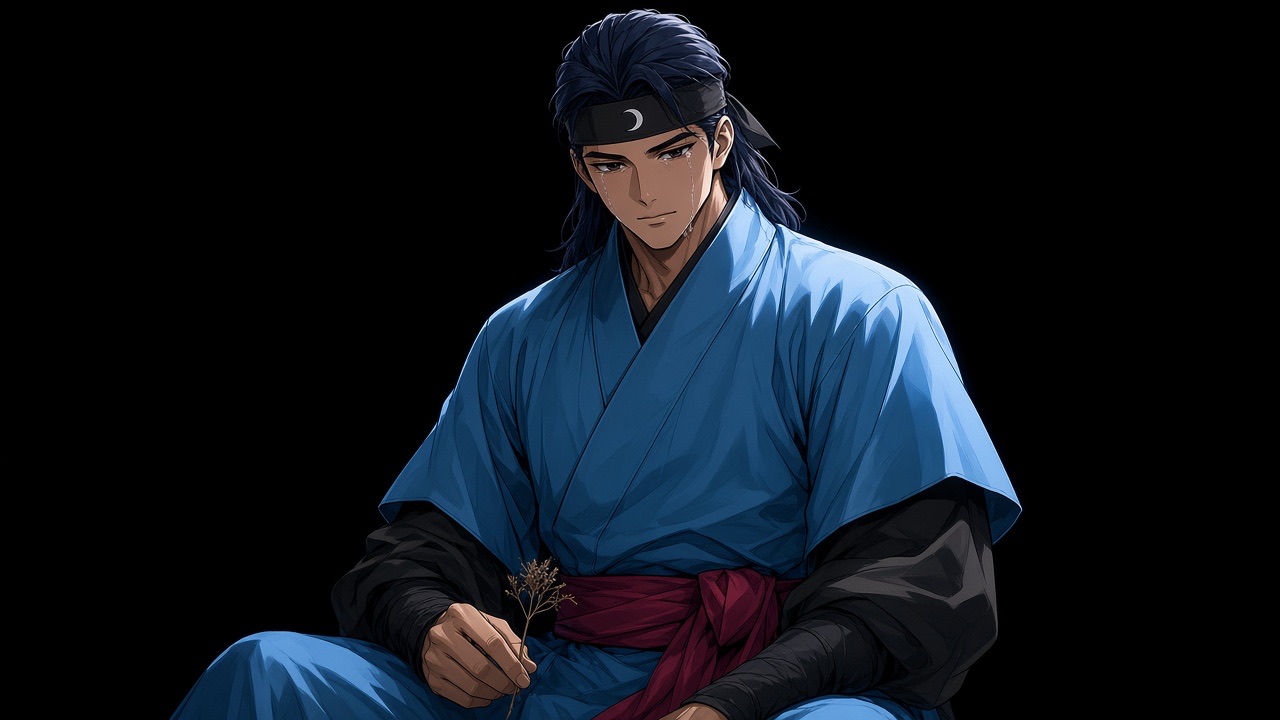 Sadaham, young, seated, face turned three-quarters into a single cold shaft, eyes wet but not sobbing, mouth tight, a dried flower pinched in a lowered hand at the…