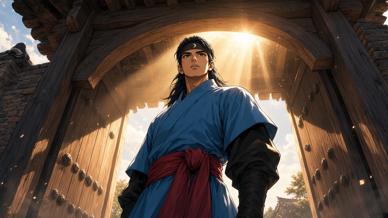 Sadaham under the gate arch, the sun behind him