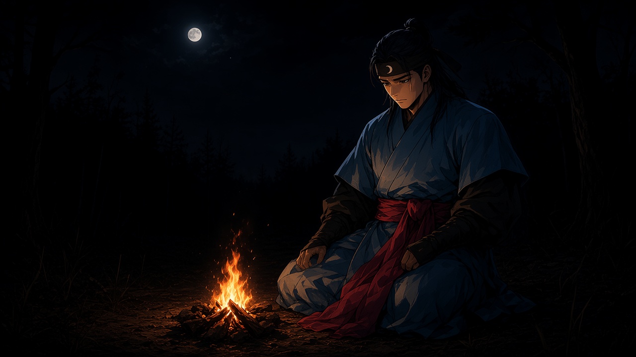 Sadaham by a campfire at night