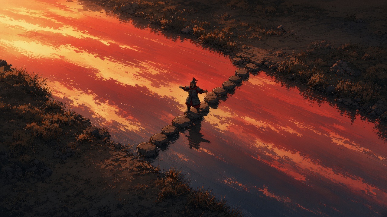 A lone rider on a red river at sunset
