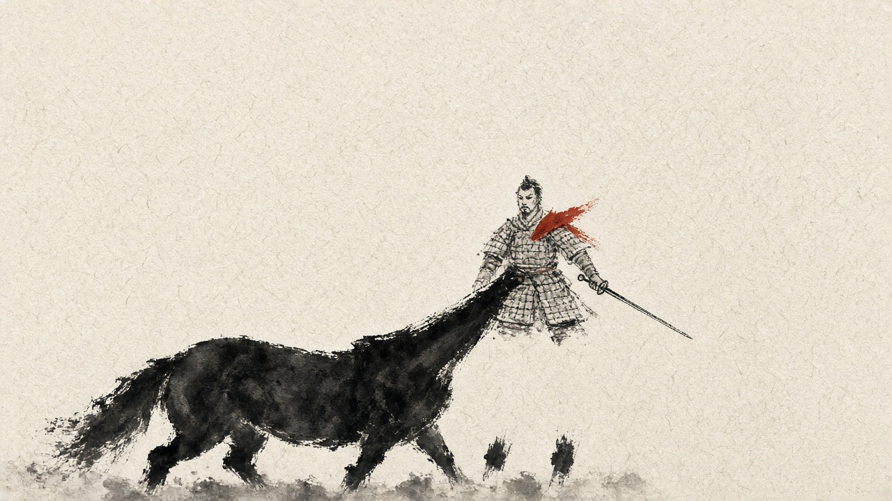 a horse reduced to one black ink mass in the lower third, neck a single wet stroke, legs four flicks, lots of untouched paper above.