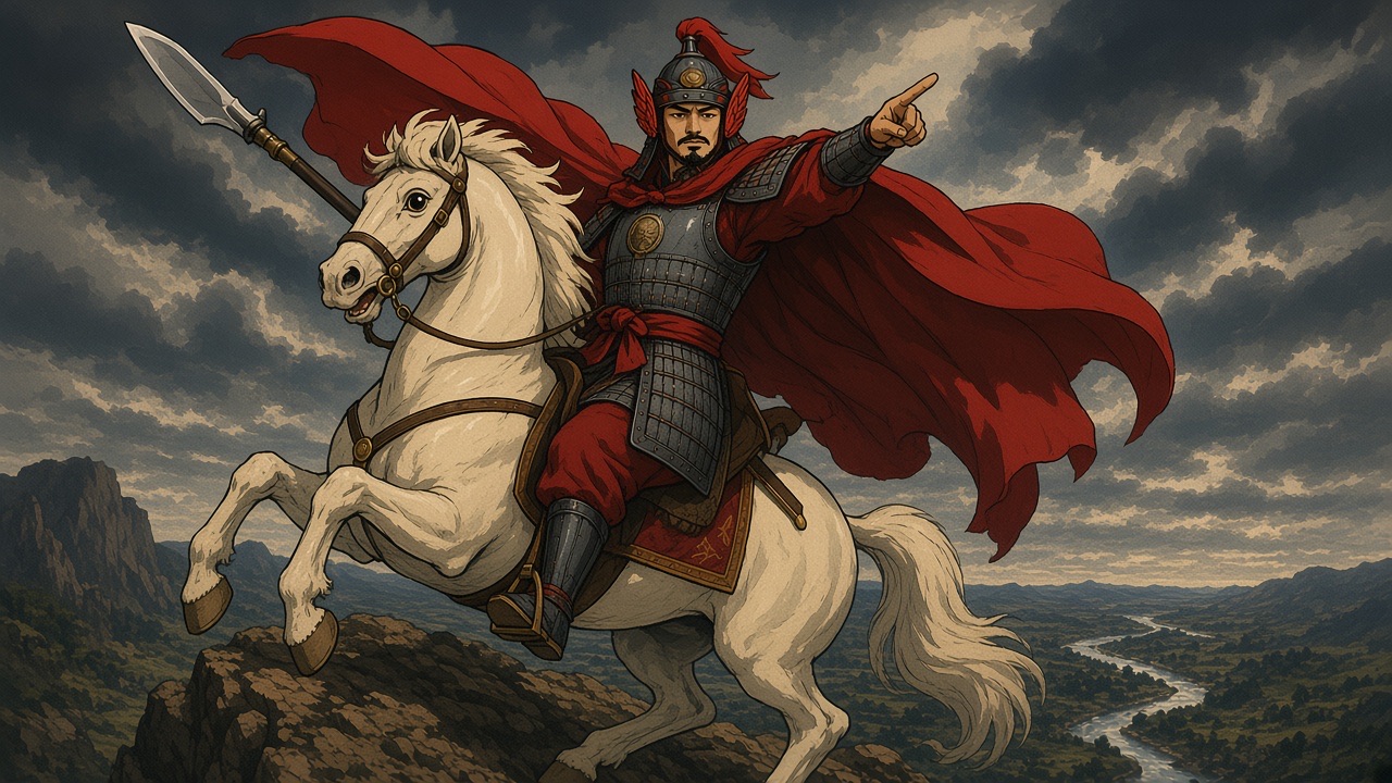 A general on a white horse, spear raised