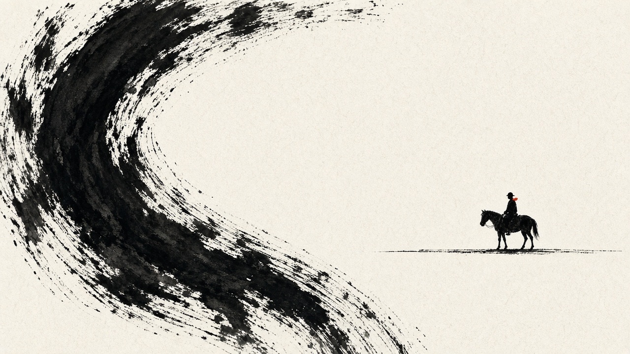 ONE huge sweeping black brushstroke like a river curling across the left half, loaded ink, flying white where the brush skipped.