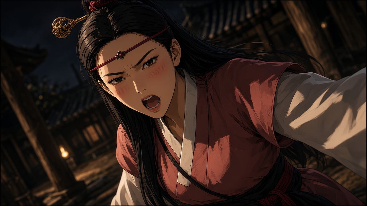 Sosuno’s open singing mouth and sharp eyes as a hard diagonal.