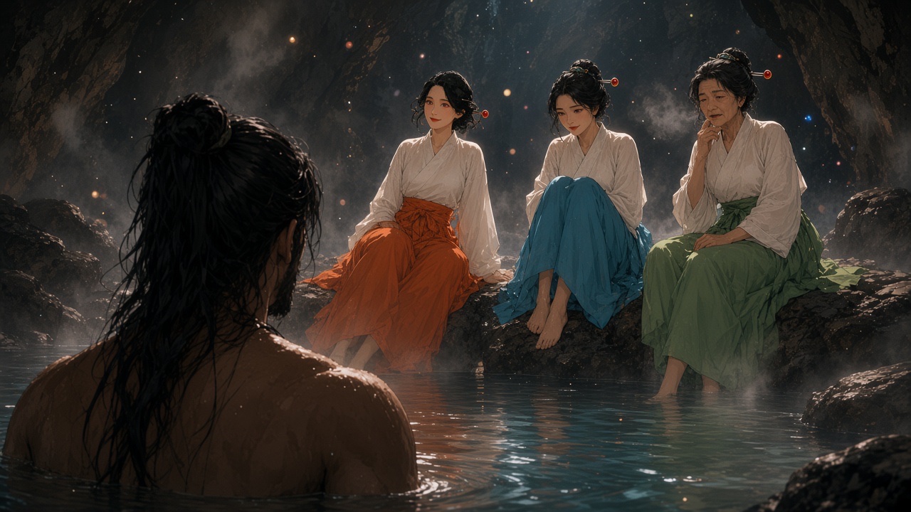 Seohyun with his back to the three sisters in the pool