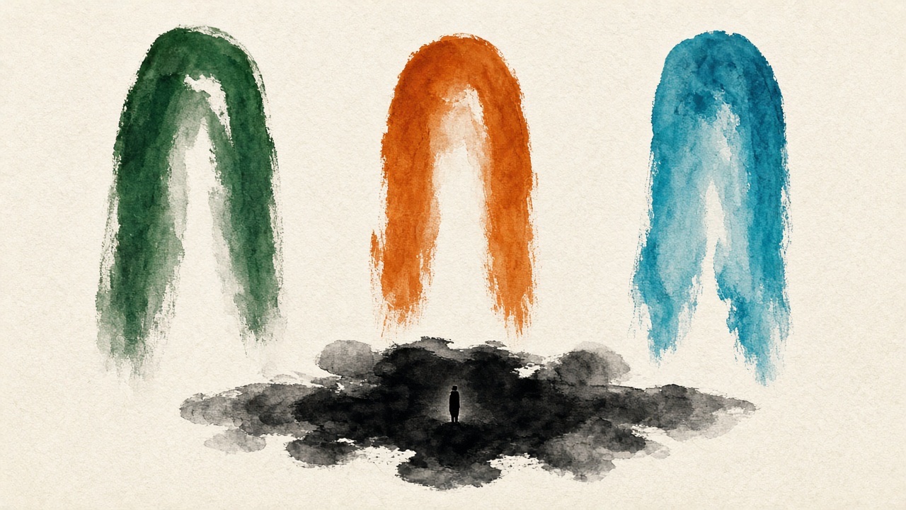 Three short brushstrokes of steam stand like three doors: green, orange, cyan.