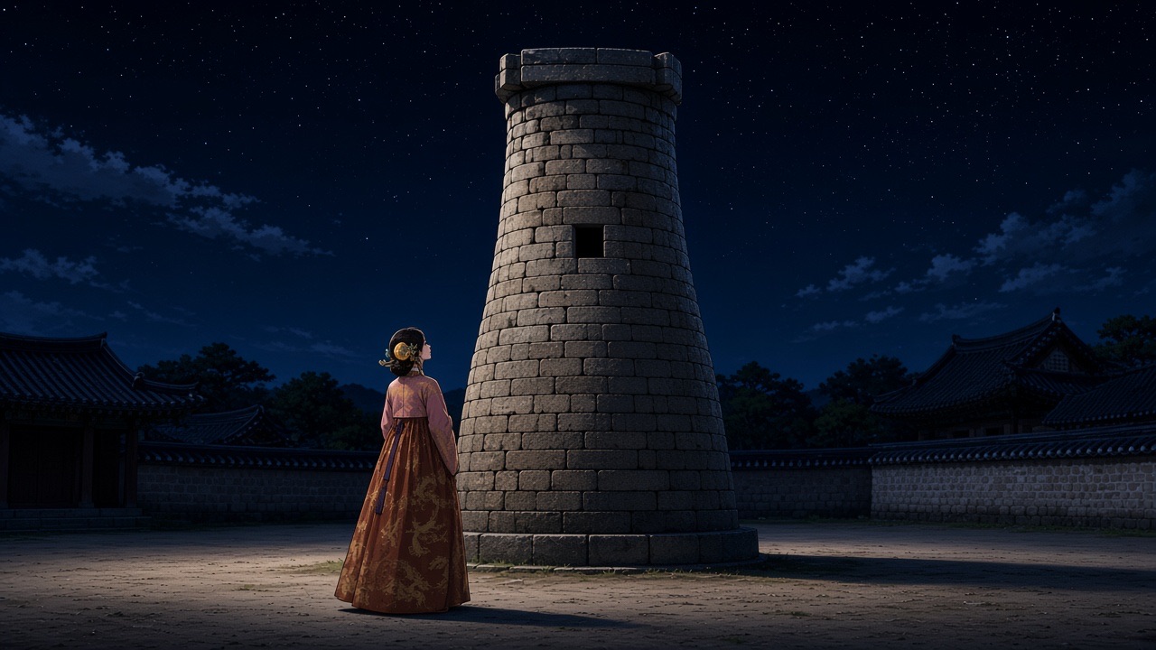 Cheomseongdae as in the attached place image: a short granite bottle tower, wider at the base, one small dark square opening halfway up, NO glowing window, NO street…