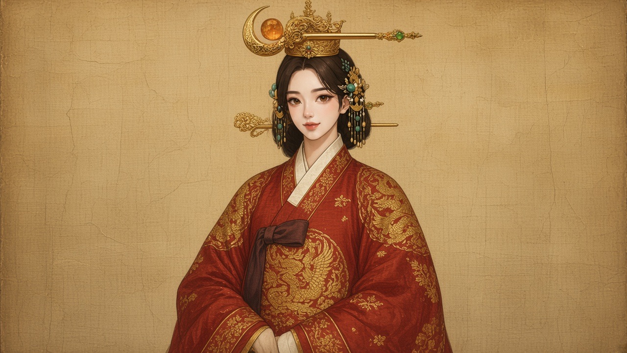 FACE matches the attached Dukman portrait: Korean features, dark brown eyes, portrait nose, not a Chinese empress and not European.
