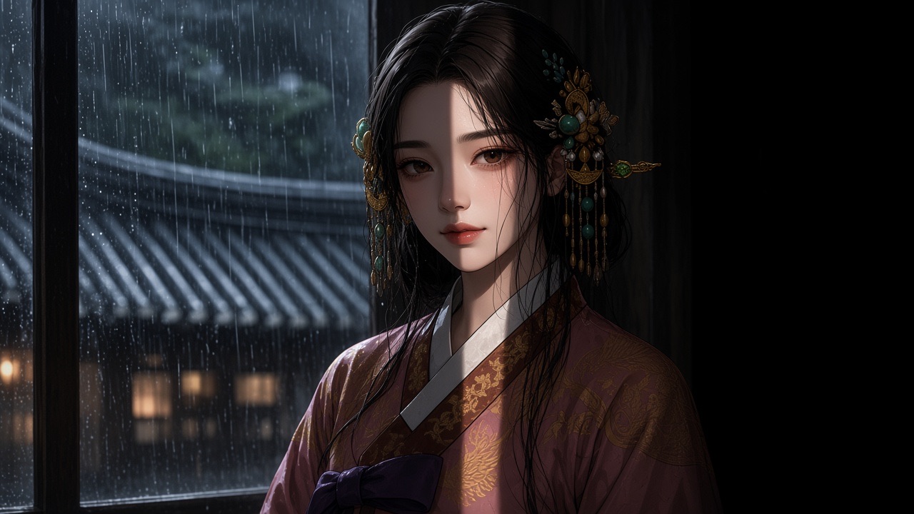 Queen Seondeok at a dark window in rain, one hard cool shaft across half her face, the other half black.