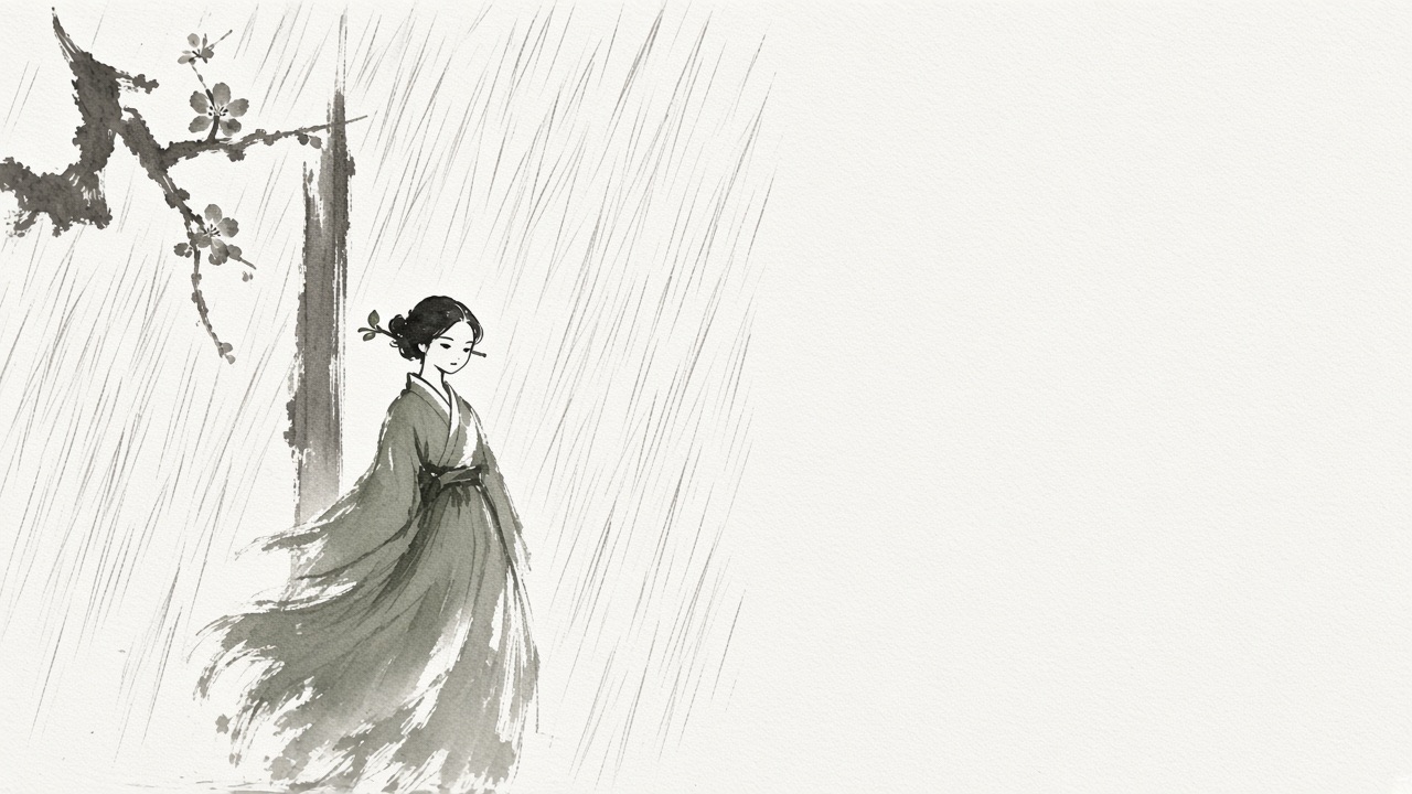Rain and a wall as many thin dry diagonal brush flicks with visible hairs, plus one wet vertical stroke for a doorpost.