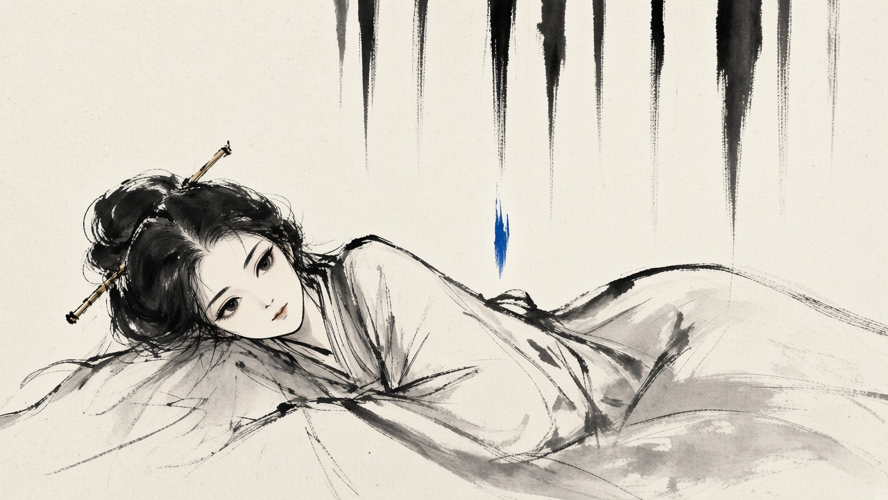 SYMBOL: vertical rain strokes fall from the top and STOP short of a woman lying down.