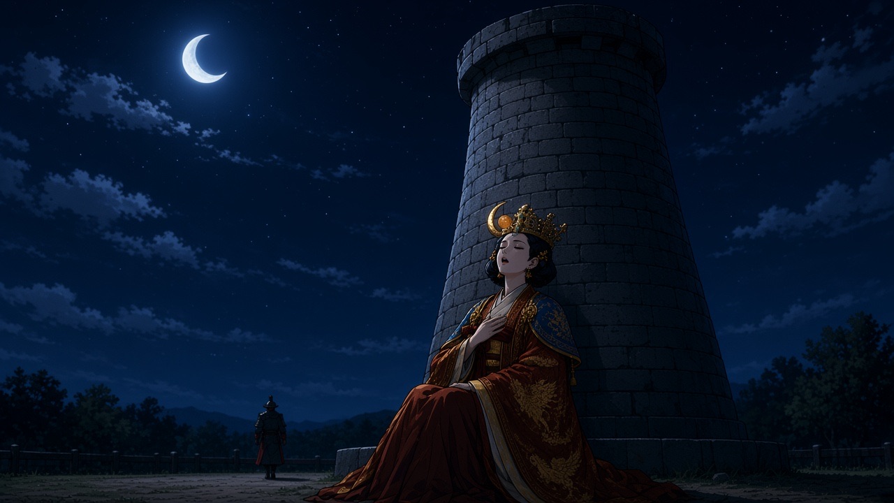 Sunduk below Cheomseongdae under a crescent moon