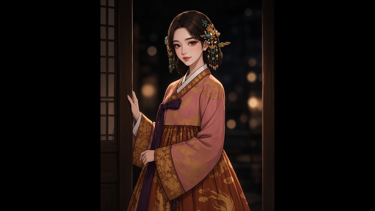 Adult Queen Seondeok standing in a doorway, one hand on the frame, body in a slight S-curve.