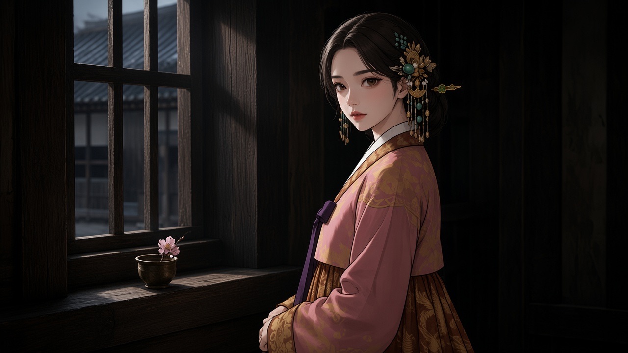 Queen Seondeok (Dukman) at a dark timber window, turning her head over one shoulder toward a cool shaft of daylight, expression quiet and exact, a held breath, not a…