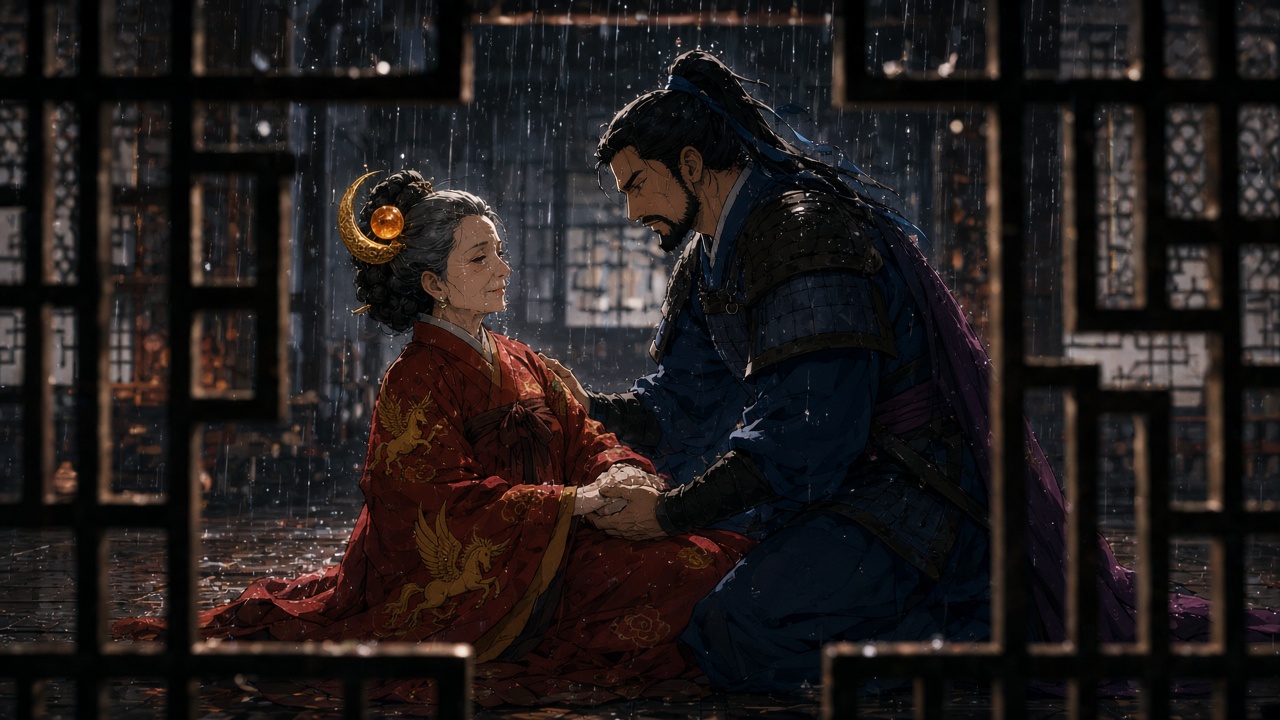 Sunduk and Yushin behind the lattice, his hands over hers