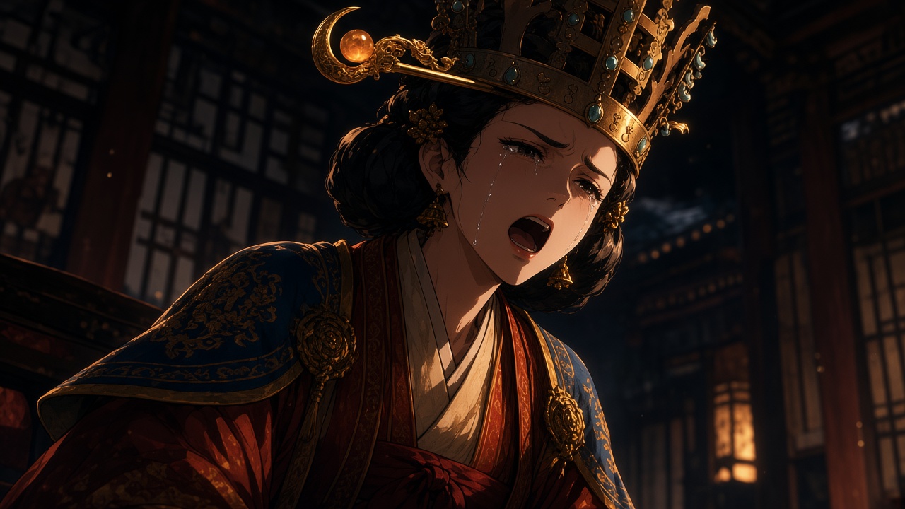 Queen Sunduk’s open singing mouth and wet eyes as a bright oval.
