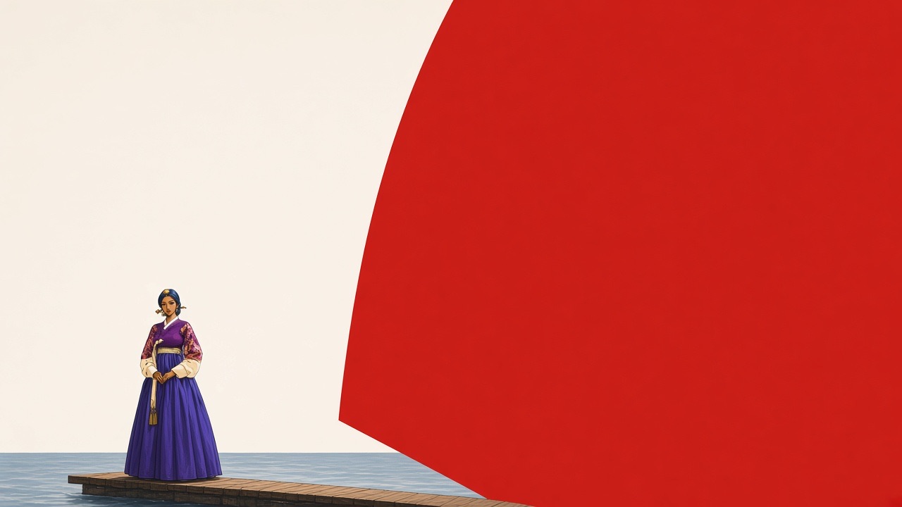 A huge red sail is one flat shape filling the right half.