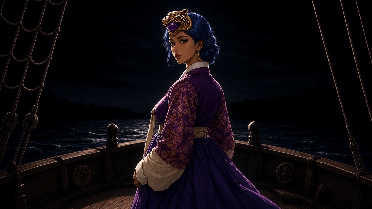 Heo Hwang-ok alone on the ship’s deck at night