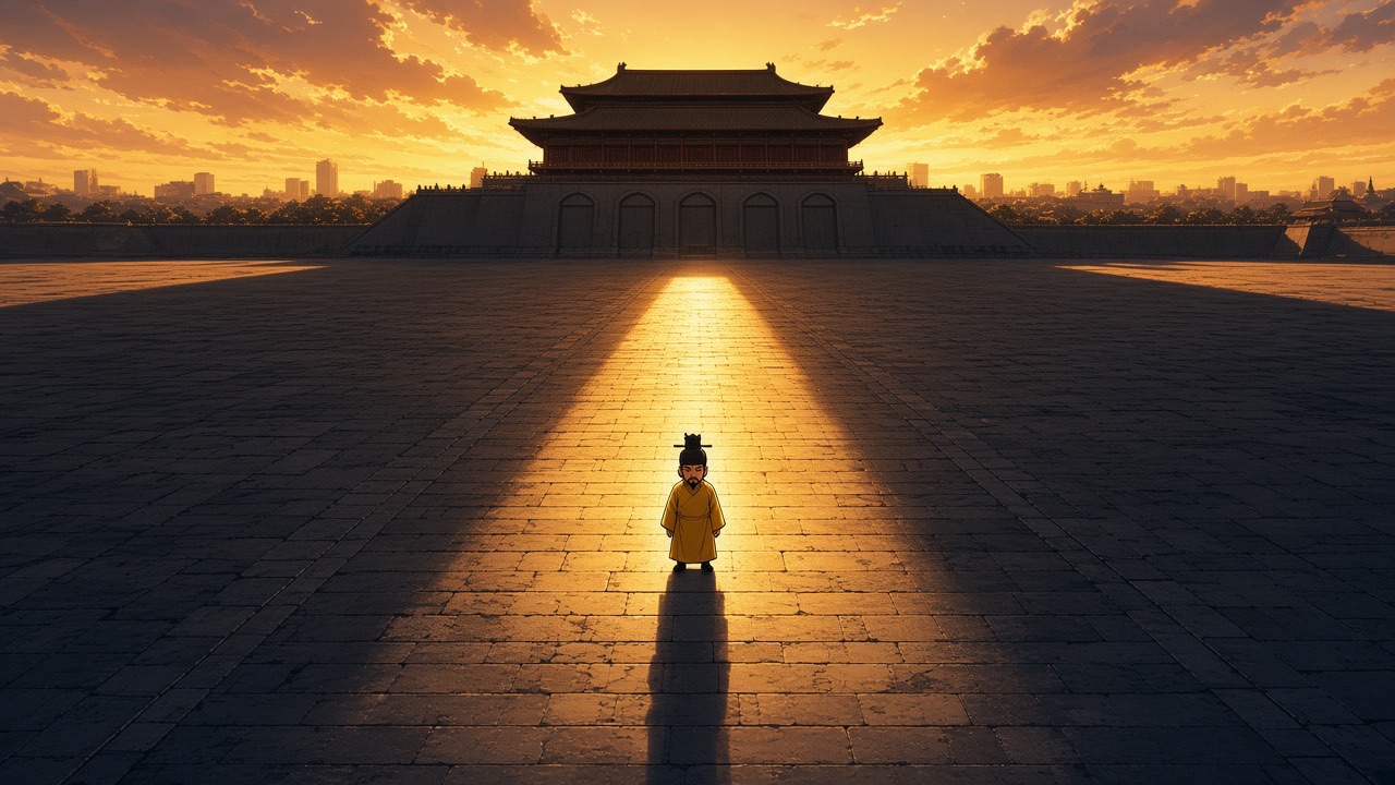 A tiny figure on the axis of a vast palace at sunset