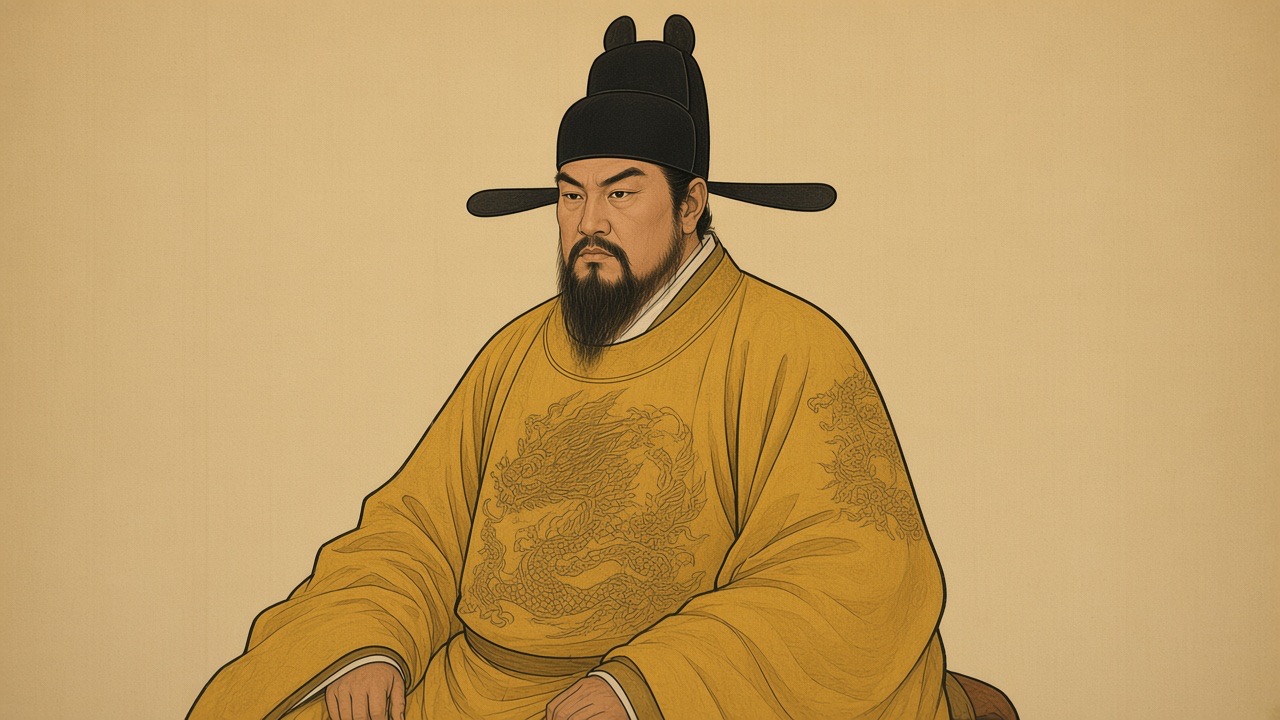 FACE matches the attached Taizong portrait: East Asian features, dark eyes, portrait nose and beard, not European.