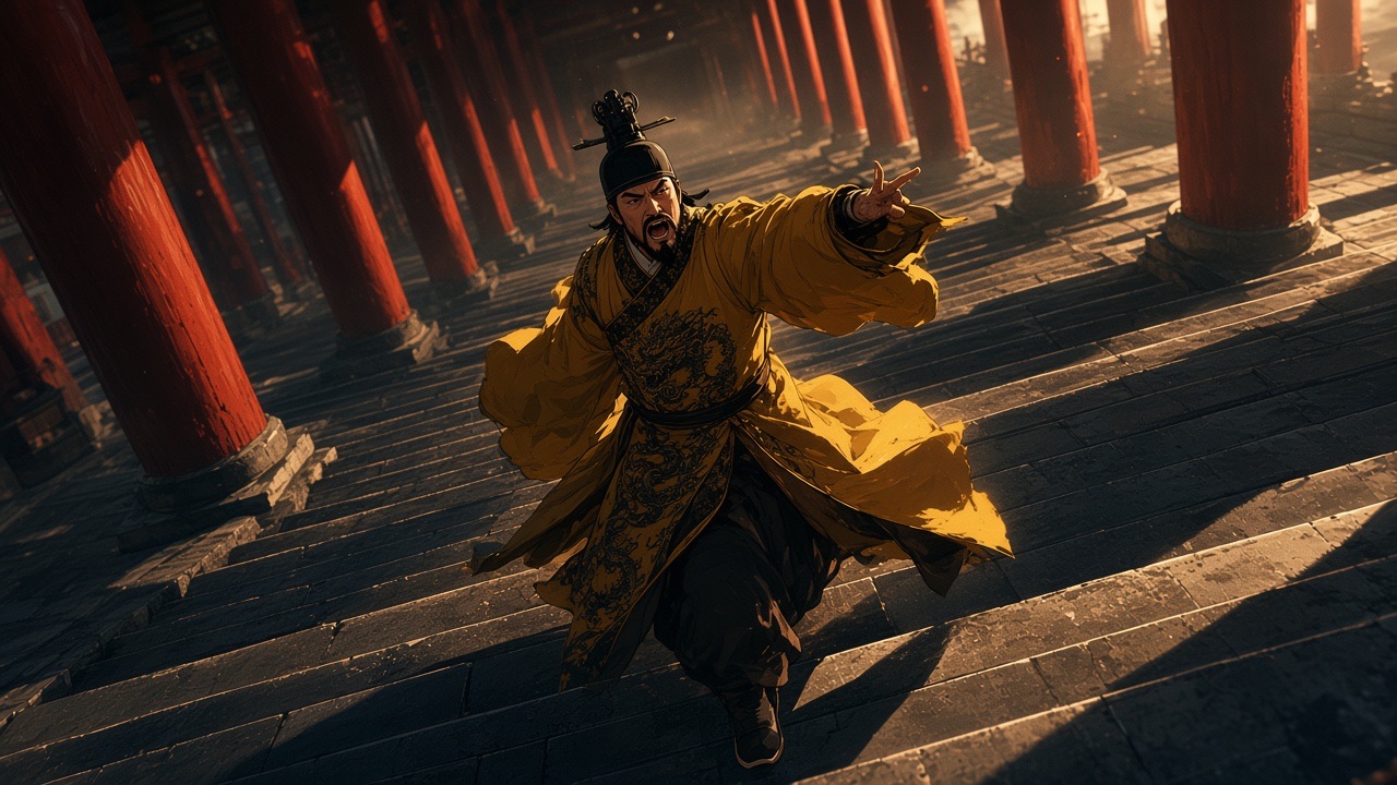 The emperor striding through the red colonnade
