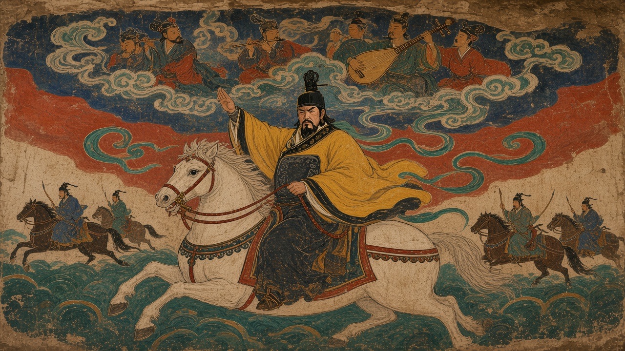 Emperor Taizong on a white horse, one arm raised, tiny horsemen behind, musicians on clouds above.