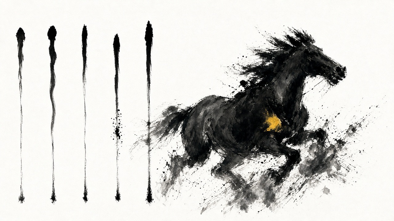 The story is Taizong breaking a battle line: five thin vertical black strokes stand in a row like spears, and one horse-shaped brush mass charges through a gap,…