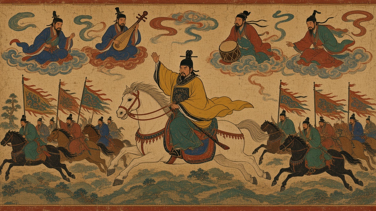 Emperor Taizong at the centre on a white warhorse in full gallop at the head of a stylised procession of tiny horsemen with banners, one arm raised in command;…